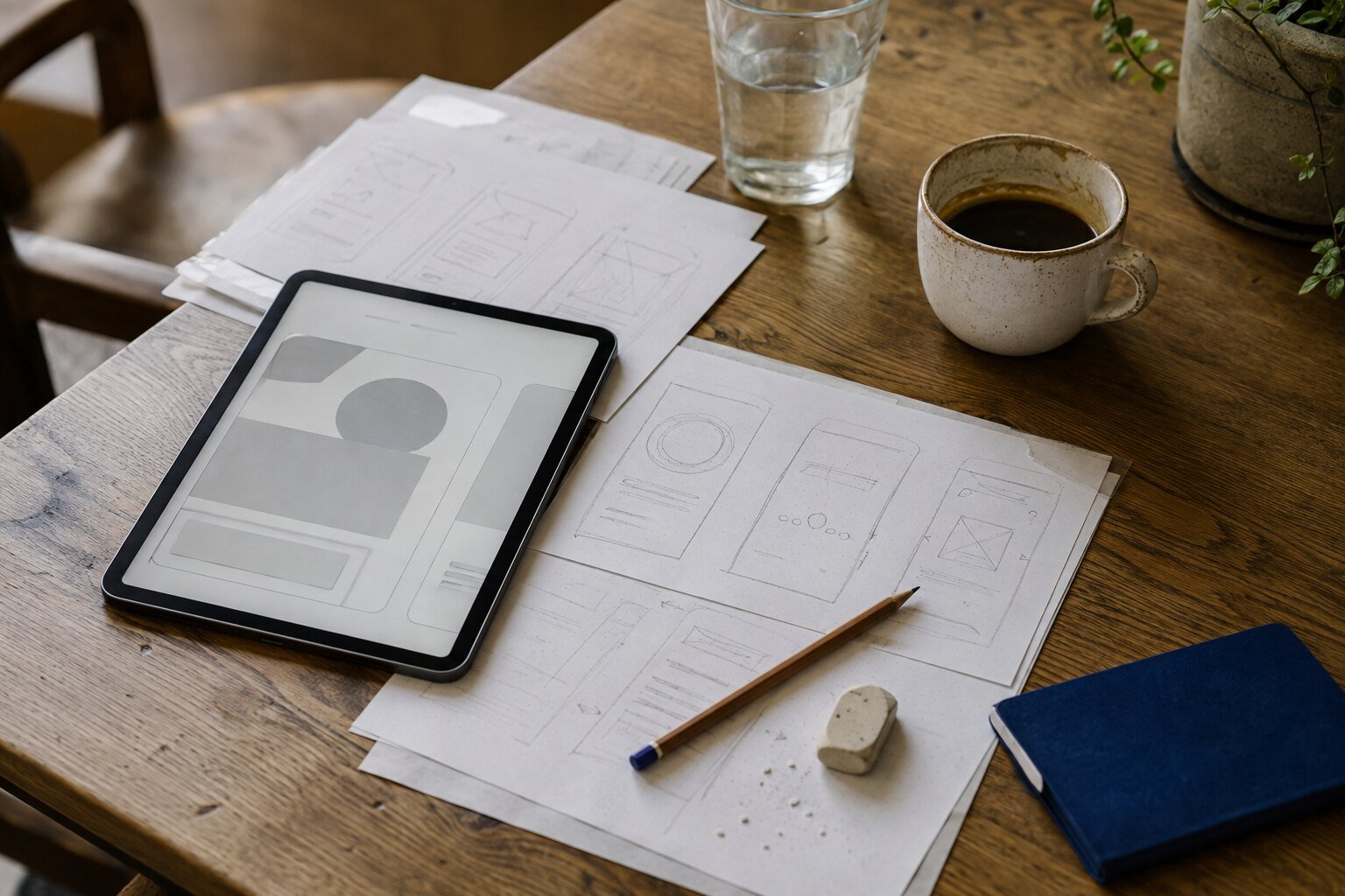 Tablet and interface sketches on a work table