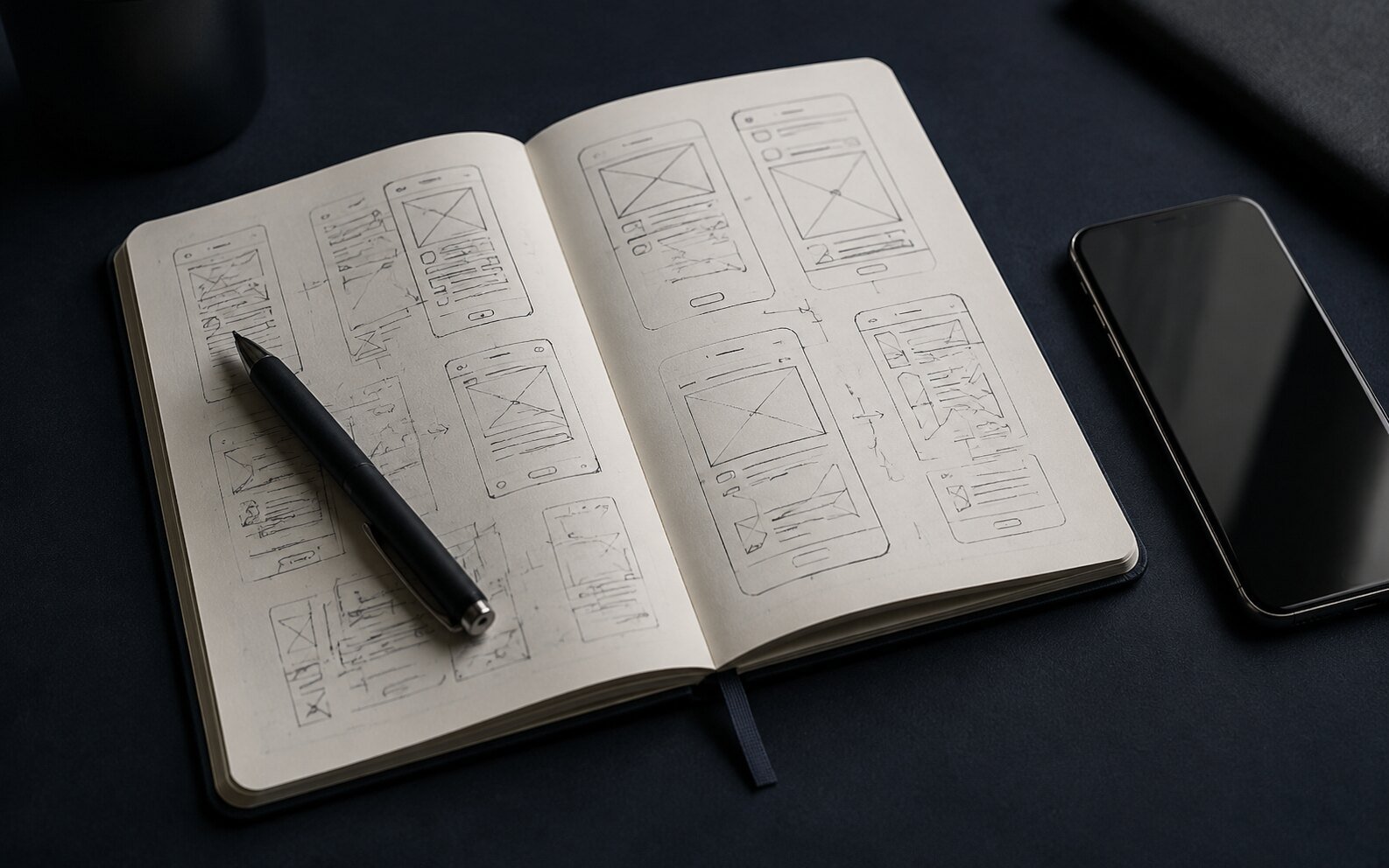 Mobile app wireframes in a notebook